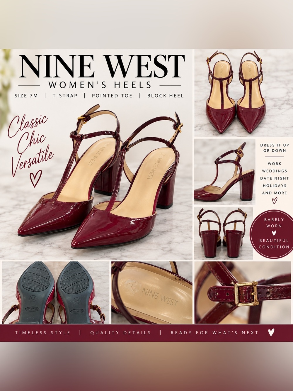 Nine West Burgundy Patent T-Strap Pointed Toe Heels Size 7M
